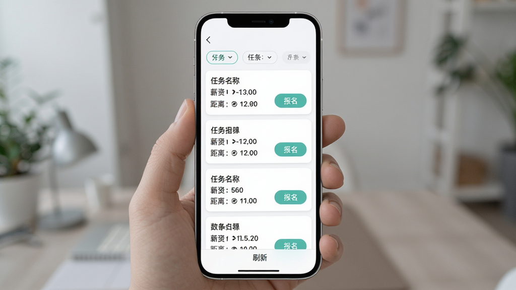 零工铺任务列表页面展示图,主体为手机屏幕中的任务列表界面,布局为纵向滚动卡片式排列,排版每张卡片包含任务名称、薪资、距离和报名按钮,风格为清爽浅色系,细节包含分类筛选栏和刷新提示,画质清晰,干净,无多余元素