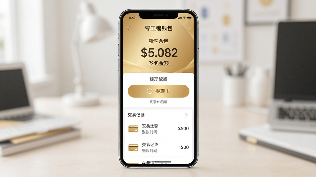 零工铺钱包提现页面展示图,主体为手机屏幕中的钱包余额与提现界面,布局包含余额数字展示、提现按钮和交易记录列表,排版清晰直观,风格为金色与白色搭配的金融感设计,细节包含银行卡图标和到账时间说明,画质清晰,干净,无多余元素