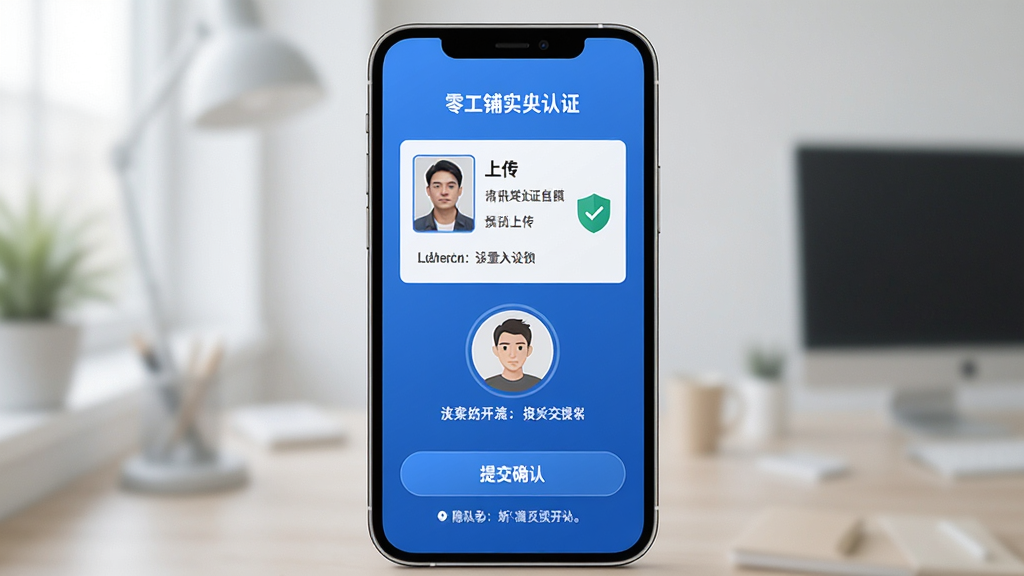 零工铺实名认证页面展示图,主体为手机屏幕中的认证信息填写界面,布局包含身份证上传区域、人脸识别按钮和提交确认按钮,排版居中对称,风格为安全可靠的蓝色调,细节包含盾牌安全图标和隐私提示文字,画质清晰,干净,无多余元素