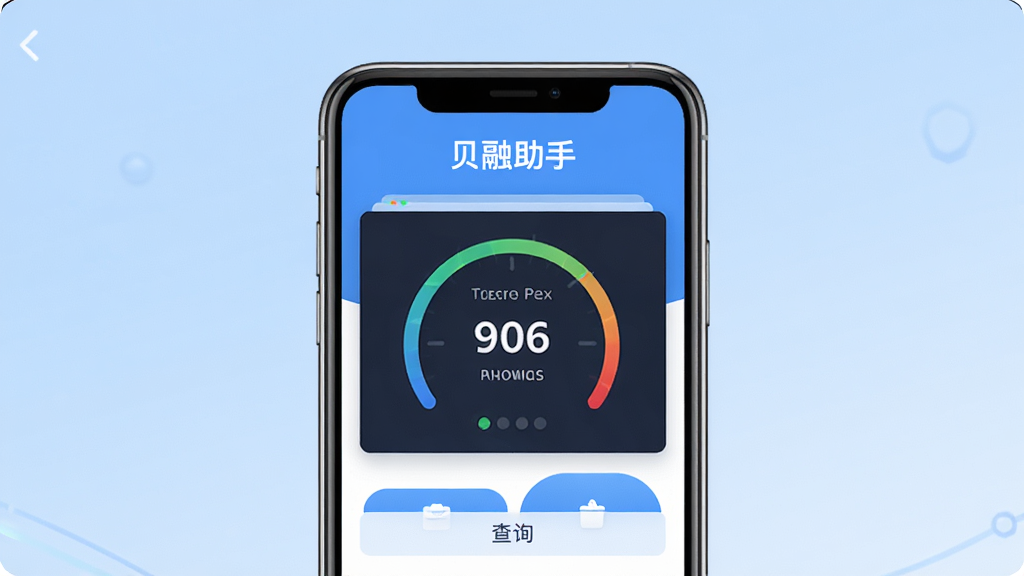 贝融助手软件主界面截图,画面中央展示手机屏幕,屏幕内是贝融助手应用首页,顶部有贝融助手文字标识,中间显示大数据评分仪表盘与查询按钮,背景为浅蓝色渐变,整体风格简洁科技感,布局居中对称,画质高清,干净无多余元素