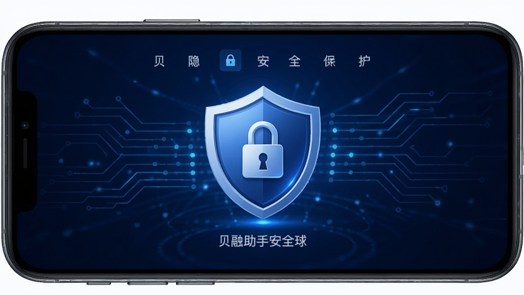贝融助手隐私安全保护界面,手机屏幕显示贝融助手安全盾牌图标与加密锁标识,背景为深蓝色科技线条,布局居中,风格安全可靠,细节清晰,画质高清,干净无多余元素