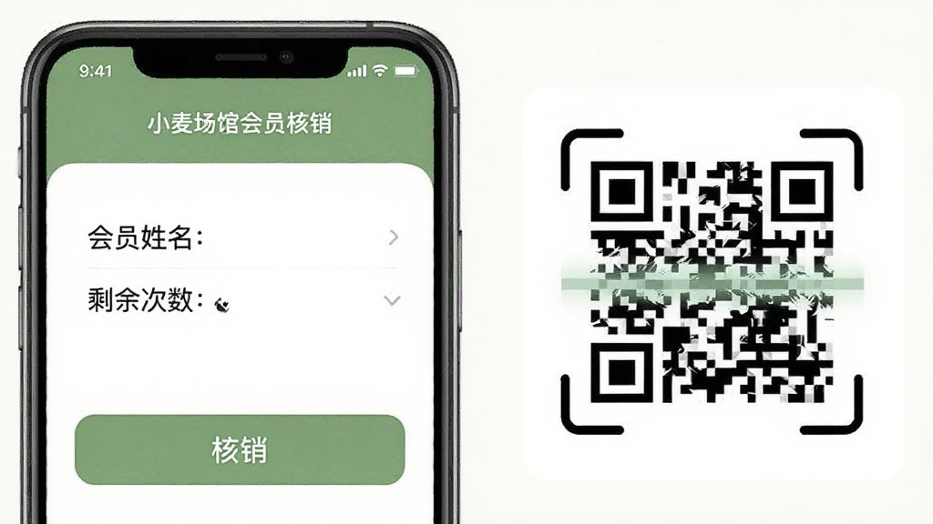 一张展示小麦场馆通会员核销界面的图片,手机屏幕上显示会员姓名、剩余次数和核销按钮,屏幕旁边有一个二维码扫描区域,整体布局为上下结构,风格清爽,画质清晰,干净,无多余元素