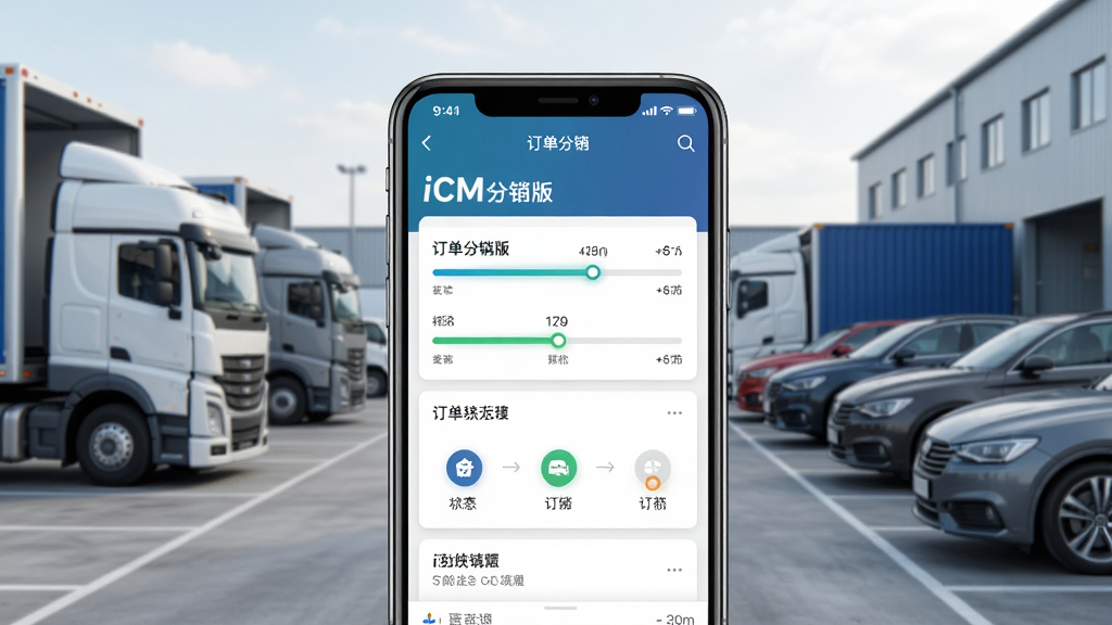 一张展示订单追踪流程的图片,画面中央是手机屏幕显示iCM分销版的订单详情页,有进度条和状态节点,背景是汽车物流停车场,有运输车和汽车排列,风格现代商务,细节清晰,画质干净,无多余元素