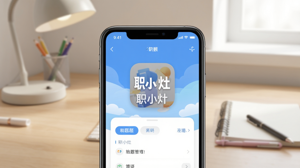 职小灶软件主界面展示,手机屏幕中央显示职小灶应用图标和刷题界面,背景为整洁的书桌场景,柔和光线,扁平化设计风格,画面干净清晰,高分辨率,无多余元素