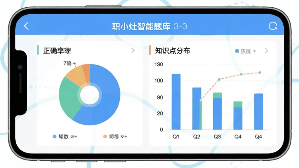 职小灶智能题库界面,手机屏幕展示答题报告图表,包含正确率饼图和知识点分布柱状图,配色清新,数据可视化清晰,扁平化UI风格,画面干净无杂乱元素