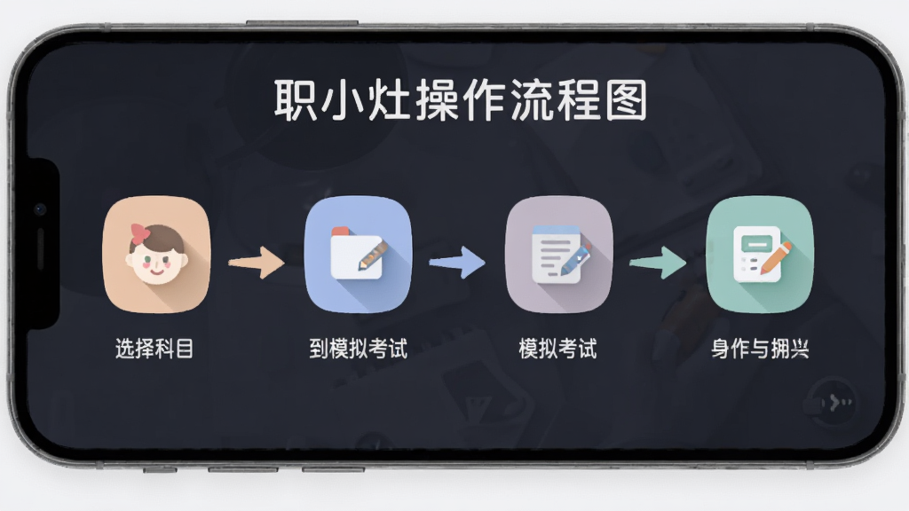 职小灶操作流程图,手机屏幕展示从选择科目到模拟考试的步骤示意图,箭头连接各功能图标,简洁扁平化风格,配色柔和,画面干净整洁