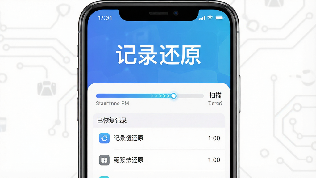 手机屏幕中央显示“记录还原”软件界面,界面布局为上下结构,上方是软件名称“记录还原”大字标题,下方是扫描进度条和已恢复记录列表,整体排版简洁清晰,风格为现代科技感扁平化设计,细节包含手机边框、图标、进度动画,画质高清,干净,无多余元素