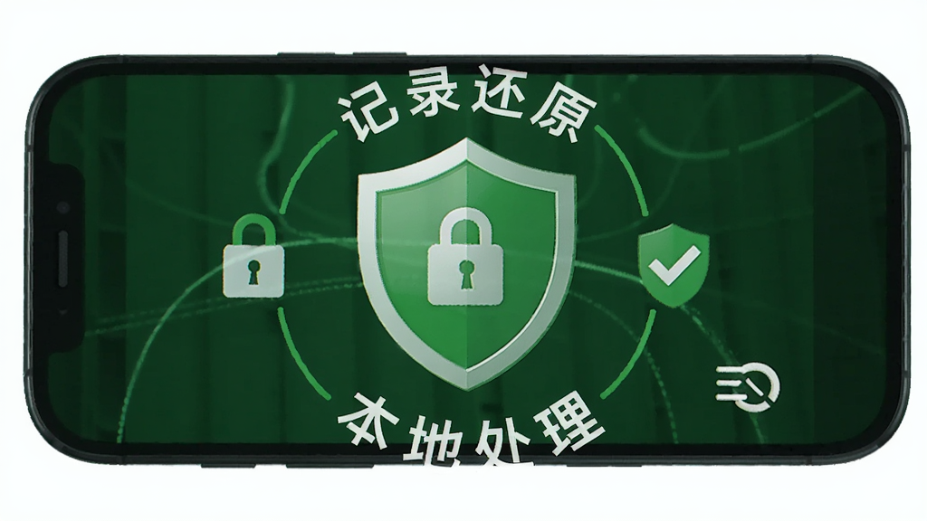 手机屏幕显示“记录还原”安全盾牌图标和本地处理字样,主体为手机和安全盾牌,布局为盾牌居中、文字环绕,排版简洁,风格为绿色安全主题,细节包含锁图标、勾选标记、无广告标识,画质高清,干净,无多余元素