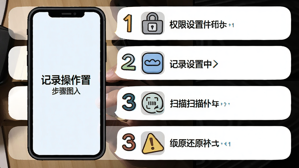 手机屏幕显示“记录还原”新手操作步骤图,主体为手机和步骤数字,布局为纵向排列、每步配图标,排版清晰,风格为卡通扁平化,细节包含权限设置图标、扫描按钮、还原箭头、警告标志,画质高清,干净,无多余元素