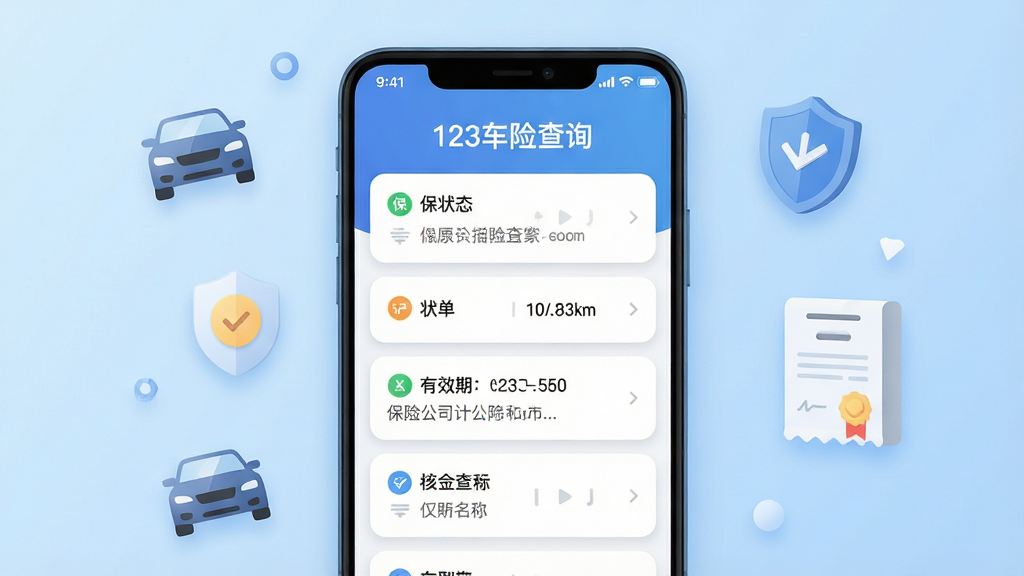 一款名为“123车险查询”的手机应用界面展示图,画面中央是一部安卓手机,手机屏幕上显示车险查询结果页面,包含保单状态、有效期、保险公司名称等信息,背景为浅蓝色渐变,周围点缀汽车、盾牌、保单图标等元素,整体布局简洁清晰,排版居中,风格为现代扁平化UI设计,细节包括圆角卡片、柔和阴影、清晰文字标注,画质高清,干净,无多余元素