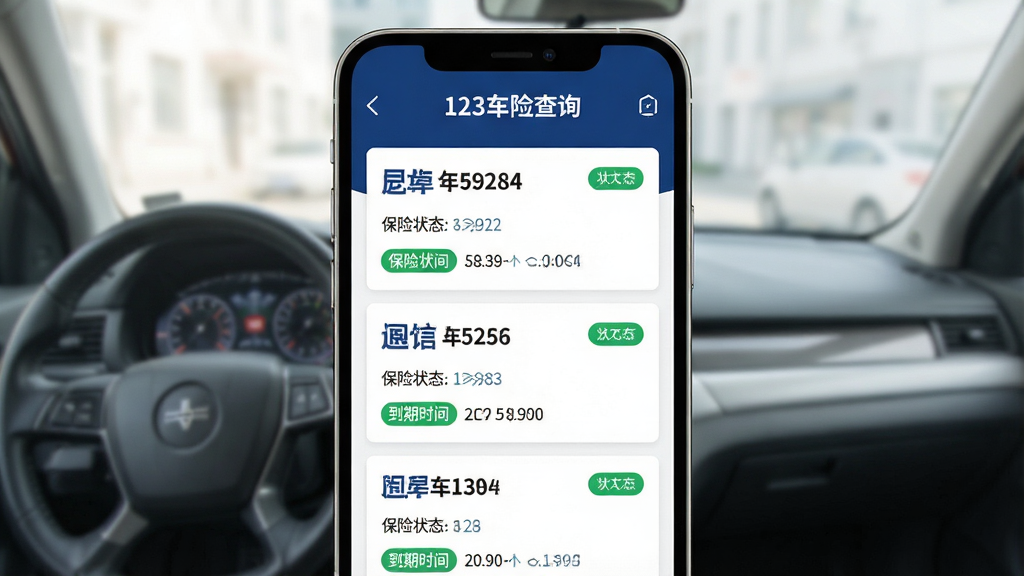 一幅展示“123车险查询”多车辆管理功能的AI图片,画面中央为手机界面,屏幕内显示两到三张车辆信息卡片,每张卡片包含车牌号、保险状态、到期时间,布局为纵向列表,排版清晰,风格为简约商务风,细节包括深蓝色顶栏、白色卡片、绿色状态标签,画质高清,干净,无多余元素