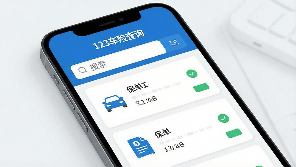 一张以“123车险查询”为主题的AI生图,画面主体为手机屏幕展示保单查询结果页面,布局为上下结构,上方为搜索框,下方为保单卡片列表,排版整齐,风格为科技感扁平化设计,细节包括蓝色主色调、车辆图标、保单图标、对勾标识,画质高清,干净,无多余元素