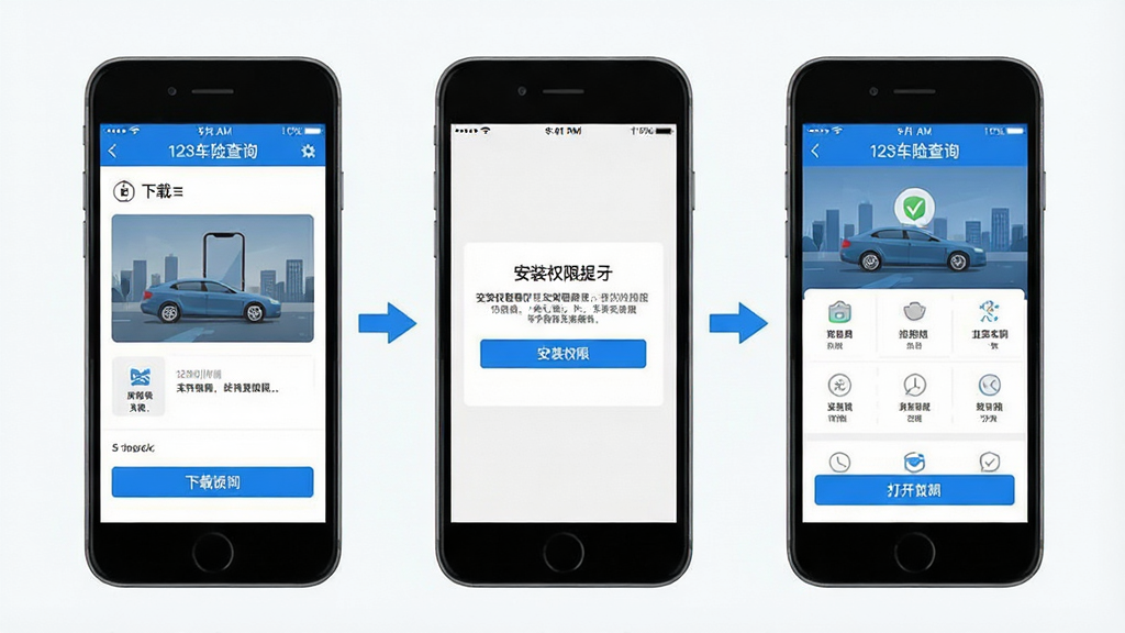 一张展示“123车险查询”手机应用安装步骤的示意图,画面分为三个手机屏幕并排展示,从左到右依次为下载页面、安装权限提示页面、打开后的首页界面,布局为横向排列,排版清晰,风格为教程类扁平化设计,细节包括箭头引导、蓝色高亮按钮、简洁文字说明,画质高清,干净,无多余元素