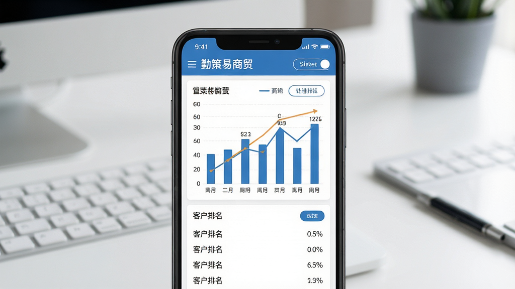 一张数据报表展示图,画面以手机屏幕为中心,屏幕上显示“勤策易商贸”的销售数据图表,包括柱状图、折线图和客户排名列表,背景是简洁的办公桌面,风格现代商务,布局突出屏幕内容,细节包括数据标签、趋势线和筛选按钮,画质高清,文字准确,无多余元素