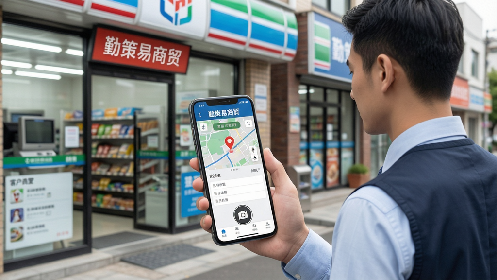 一张展示移动外勤管理的场景图,画面中一位业务员站在便利店门口,手持手机打开“勤策易商贸”应用进行签到,手机屏幕显示定位地图和拜访表单,背景是整洁的街道与店铺,风格写实商务,布局突出手机屏幕内容,细节包括定位图标、拍照按钮和客户信息栏,画质清晰,文字为“勤策易商贸”,干净无多余元素