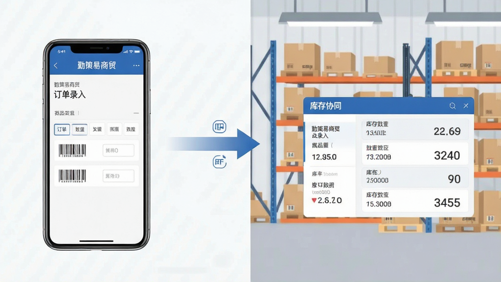 一张订单与库存协同的商务插图,画面左侧是手机屏幕显示“勤策易商贸”订单录入界面,右侧是仓库货架和库存数据面板,中间用箭头连接表示数据同步,风格简洁商务,布局左右对称,细节包含商品条码、数量输入框和库存数字,画质高清,文字清晰,无多余装饰