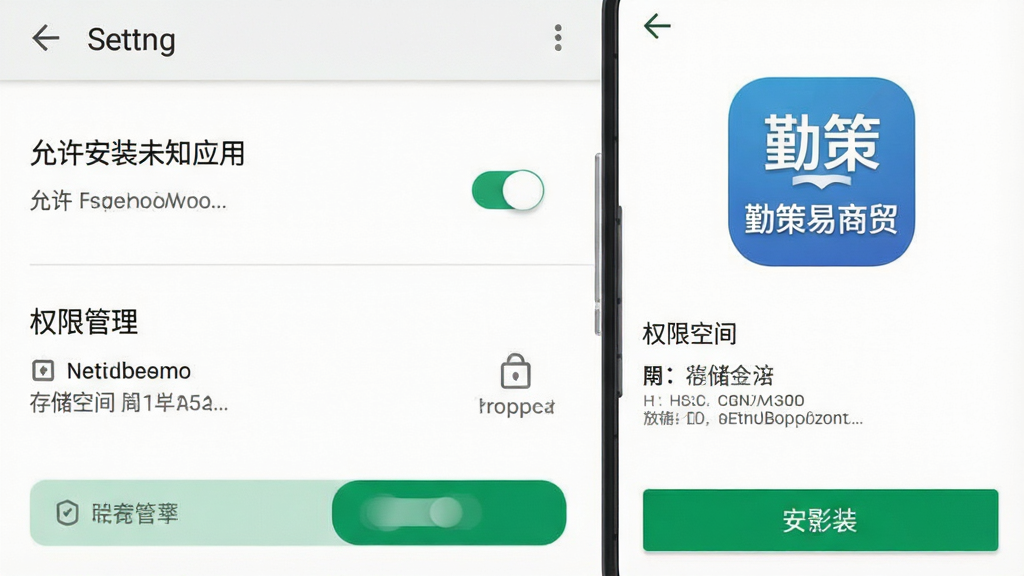 一张手机应用安装设置的界面示意图,画面展示安卓手机设置页面中“允许安装未知应用”和“权限管理”选项,旁边有“勤策易商贸”应用图标,风格简洁清晰,布局突出关键按钮,细节包括权限开关、存储空间提示和安装按钮,画质干净,文字准确,无多余元素
