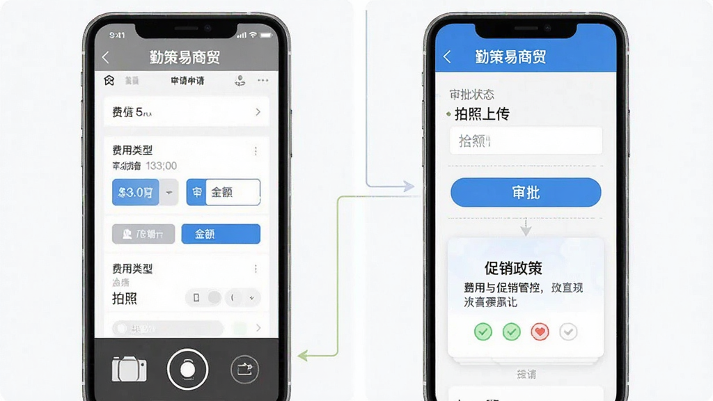 一张费用与促销管控的流程图,画面展示手机端“勤策易商贸”费用申请界面与审批流程,包含拍照上传、审批按钮和促销政策卡片,风格简洁清晰,布局从上到下展示流程步骤,细节有费用类型、金额输入框和审批状态标识,画质干净,文字为“勤策易商贸”,无杂乱元素