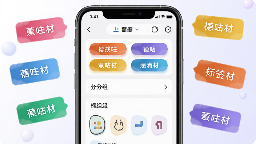 德医通医生患者分组与标签功能的视觉展示图,画面中央是手机屏幕显示彩色标签和分组列表,周围漂浮着不同颜色的标签卡片,背景为白色到浅紫色的渐变,风格清新明快,细节丰富,画质干净,无多余元素
