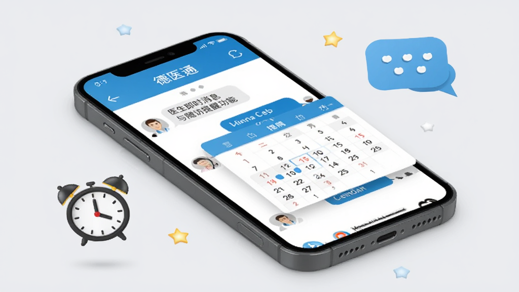德医通医生即时消息与随访提醒功能的界面示意图,画面中一部手机屏幕显示聊天对话框和日历提醒弹窗,手机旁边有一个小闹钟图标和对话气泡,背景为浅灰色,风格商务简洁,画质清晰,干净无多余元素