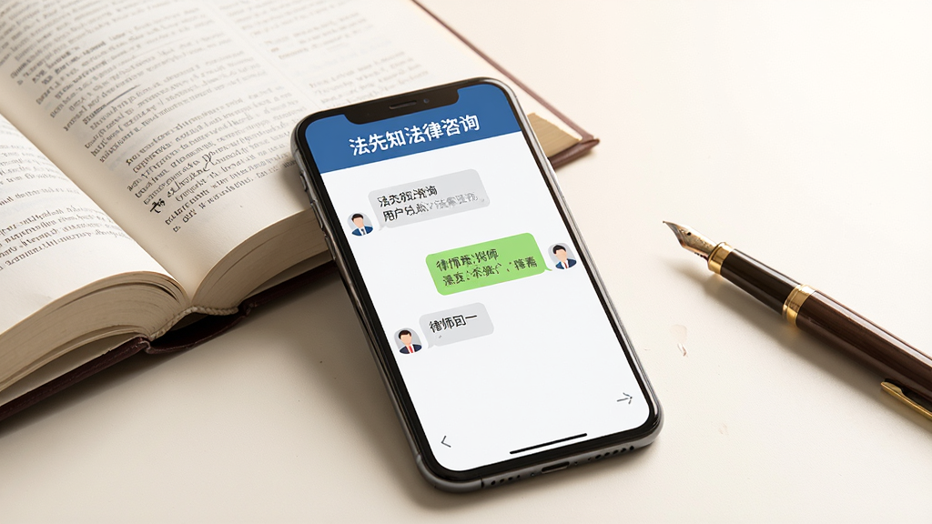 一部手机放置在桌面中央,屏幕显示“法先知法律咨询”的聊天咨询界面,左侧是用户提问的气泡,右侧是律师回复的气泡,界面清晰整洁。手机旁边放着一本翻开的法律书籍和一支钢笔,背景为柔和的暖白色,光线自然,风格写实,画质干净,无多余元素,高清细节