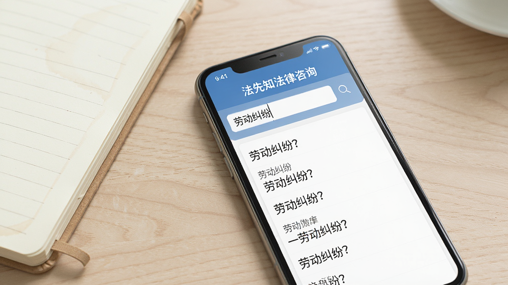 手机屏幕显示“法先知法律咨询”的常见问题搜索页面,搜索框内有“劳动纠纷”关键词,下方列出多条相关问题条目。手机放在一本笔记本旁边,背景为浅木色桌面,风格素雅极简,画质干净,无多余元素,高清细节渲染