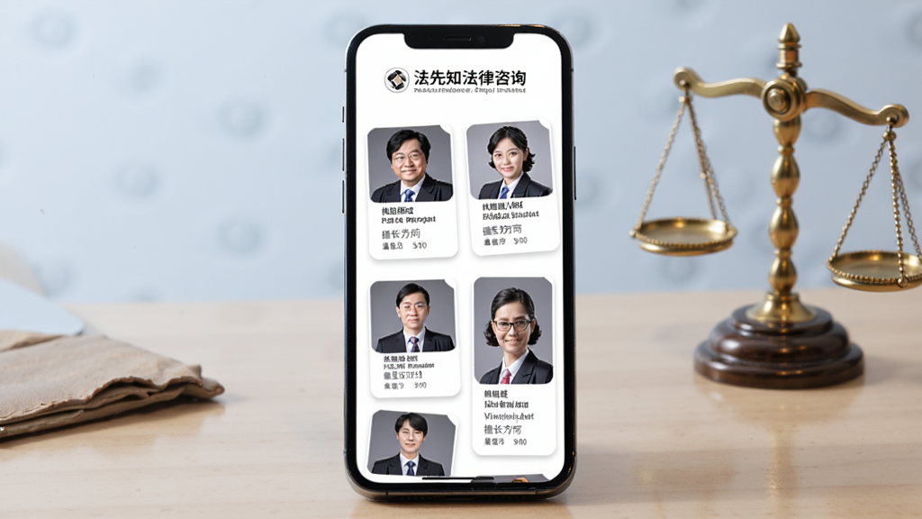 画面展示“法先知法律咨询”的律师列表页面,手机屏幕上排列着多位律师的头像卡片,每张卡片标注执业领域和擅长方向。手机放置在办公桌面上,旁边有一个小型天平摆件,背景为浅蓝色,风格商务简洁,画质干净,无多余元素,高清画质