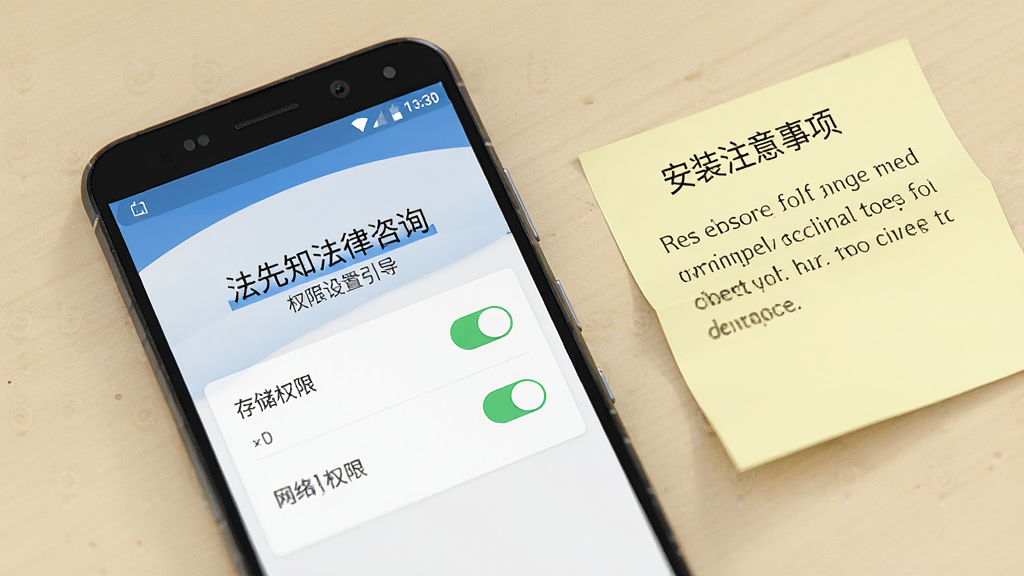 一部安卓手机屏幕显示“法先知法律咨询”的权限设置引导页面,页面上有存储权限和网络权限的开关按钮。手机旁边放着一张写有“安装注意事项”的便签纸,背景为浅色桌面,风格简洁实用,画质干净,无多余元素,高清渲染