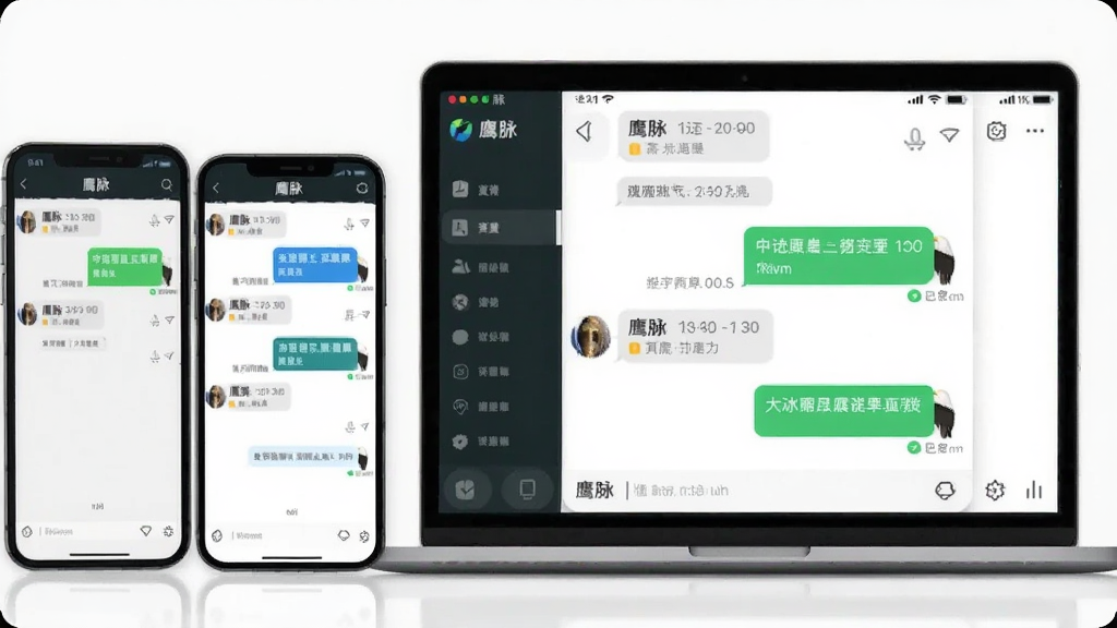 一张表现鹰脉即时通讯功能的AI生图,画面主体为两部手机与一台笔记本电脑并排展示,屏幕内均显示