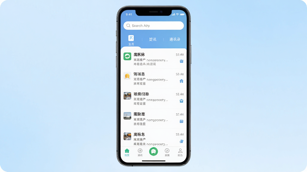 一张展示鹰脉APP主界面的手机样机图,画面中央是一部竖屏智能手机,屏幕内显示鹰脉应用的消息列表与通讯录入口,背景为浅蓝色渐变,风格干净清爽,细节包括顶部搜索栏、底部导航栏图标,画质高清,无多余元素