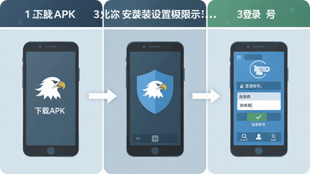 一张展示鹰脉安装与设置流程的示意图,画面分为三个步骤区域,分别显示下载APK、允许安装权限、登录账号,布局为横向流程图,风格扁平化设计,细节包括手机图标、盾牌图标、账号输入框,画质清晰,干净无多余元素