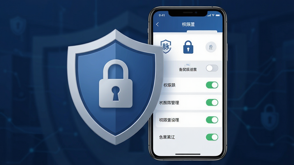 一张表现鹰脉安全权限管理功能的生图,画面主体为一面盾牌图标与手机界面结合,盾牌上带有锁形符号,手机屏幕内显示权限设置列表,布局为居中构图,风格稳重安全,细节包括加密标识、权限开关按钮,画质高清,干净无多余元素