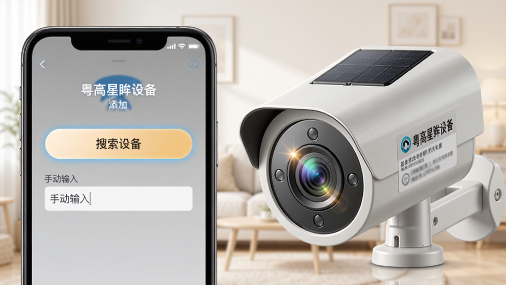 手机屏幕显示粤高星眸设备添加界面,界面中有搜索设备按钮和手动输入框,手机旁边有一台太阳能监控摄像头,摄像头背面标签清晰可见,背景为浅色家居环境,风格为写实产品展示插画,细节包括手机界面按钮高亮、摄像头镜头反光、标签文字模糊处理,画质高清,干净,无多余元素