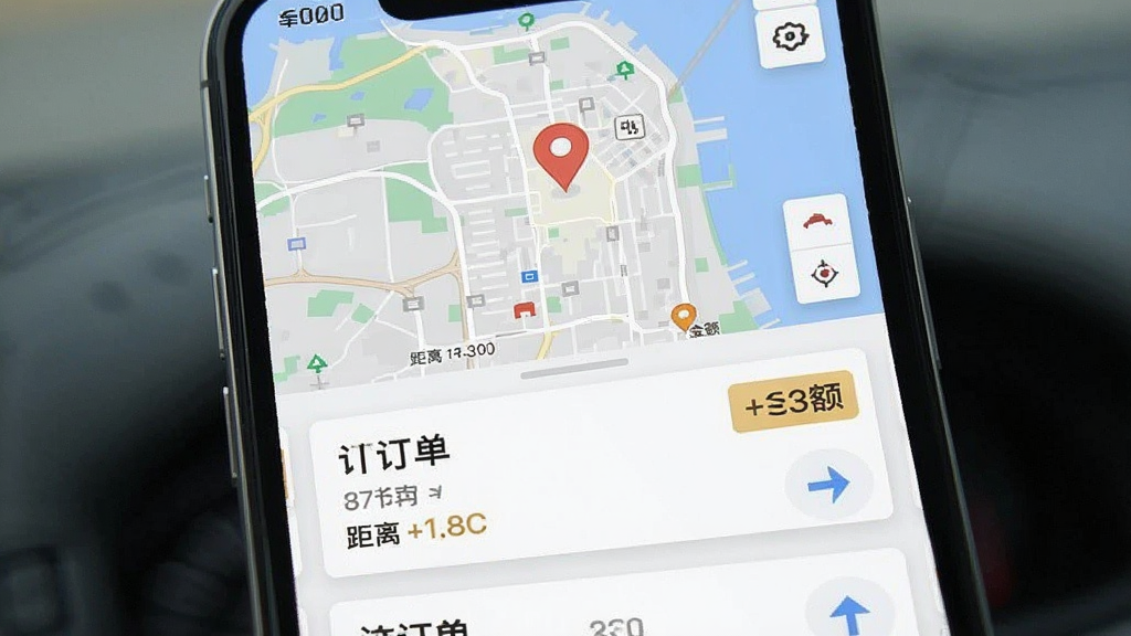 一张展示900游司机端智能派单功能的界面示意图,画面主体为手机屏幕特写,屏幕内呈现订单卡片列表与地图定位标记,布局采用上下结构,上方为地图区域,下方为订单信息卡片,风格为现代扁平化设计,细节包含距离数值、金额标签与方向箭头,画质清晰干净,无多余装饰元素