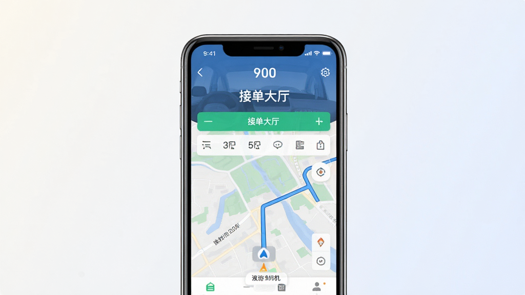 一张展示900游司机端手机应用界面的产品预览图,主体是一部竖屏智能手机,屏幕内显示司机端首页接单大厅与地图导航布局,背景为浅色渐变商务风格,画面简洁干净,文字清晰可辨,整体呈现专业出行软件视觉,画质高清,无多余杂乱元素