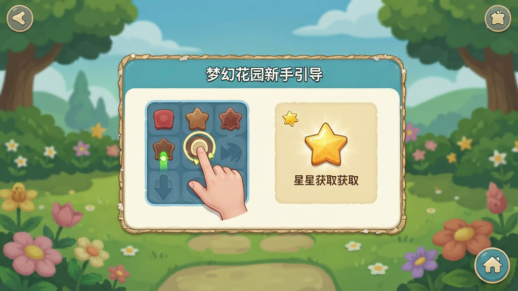 梦幻花园新手引导界面图,画面展示游戏教程弹窗,标注了消除操作手势与星星获取提示,背景是简洁的花园场景,采用手机游戏UI截图风格,文字清晰可读,布局规整,画质干净,无多余元素