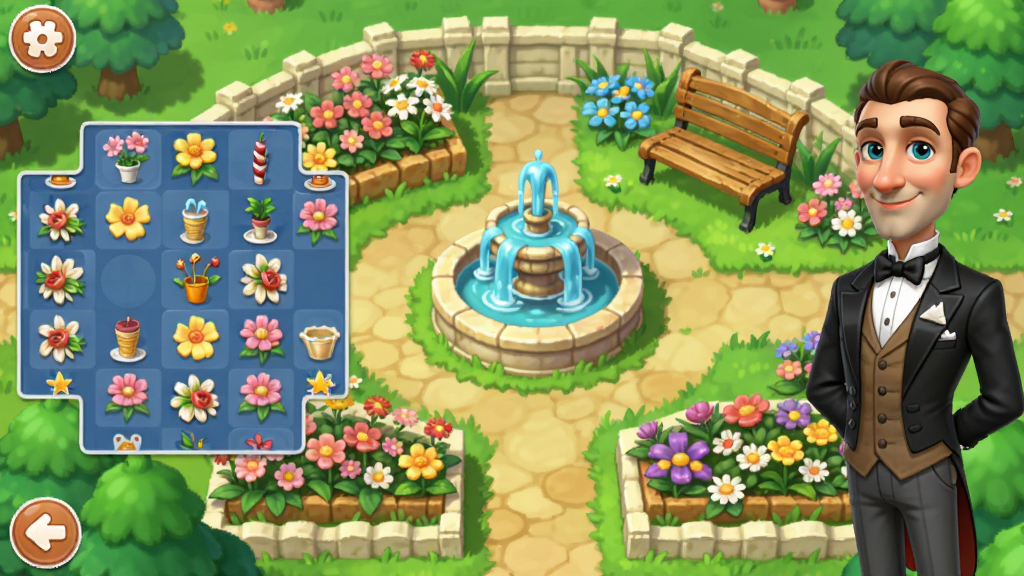 梦幻花园游戏主界面全景预览图,画面中央是精心布置的花园场景,有喷泉、花坛、长椅和彩色花朵,左侧显示三消棋盘,右侧站立管家奥斯汀角色,整体色调清新明亮,采用休闲游戏UI风格,细节丰富,画质清晰,干净无多余元素
