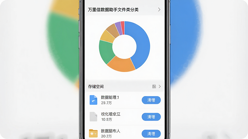 一张展示万里信数据助手文件分类清理功能的界面图,主体为手机屏幕显示存储空间分布饼状图,布局为上方图表下方文件列表,排版为纵向排列,风格为清新简约的移动端UI,细节包括不同颜色的分类色块、文件大小标注和清理按钮,画质为高清屏幕截图风格,干净无多余装饰