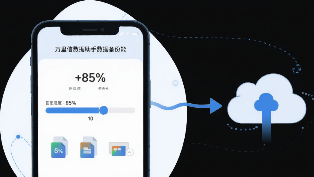一张展示万里信数据助手数据备份功能的示意图,主体为手机屏幕显示备份进度条,布局为左侧手机界面、右侧数据流向云端图标,排版为横向对比展示,风格为扁平化科技插画,细节包括进度百分比、文件图标和云端符号,画质为高清矢量风格,干净简洁无杂乱元素