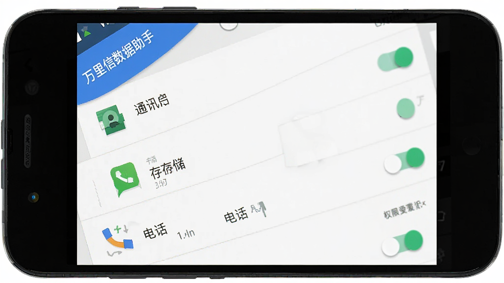 一张展示万里信数据助手在手机上运行时的权限设置界面示意图,主体为手机屏幕显示应用权限管理页面,布局为列表式权限开关,排版为纵向排列,风格为安卓原生设置界面风格,细节包括通讯录、存储、电话等权限图标及开关状态,画质为高清截图风格,干净整洁