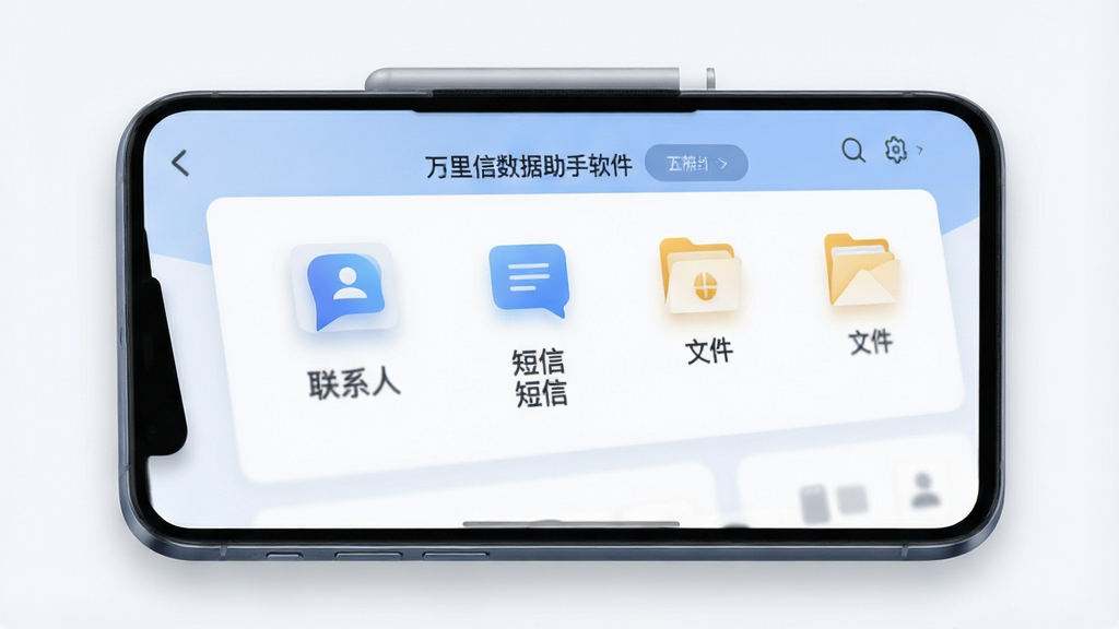 一张展示万里信数据助手软件界面的图片,主体为手机屏幕,屏幕中显示软件首页的数据概览面板,包含联系人、短信、文件等图标,布局清晰整洁,排版为居中展示手机正面,风格为现代科技感UI设计,细节包括柔和的蓝白配色、清晰的文字标签和图标阴影,画质为高清2K分辨率,干净无多余元素