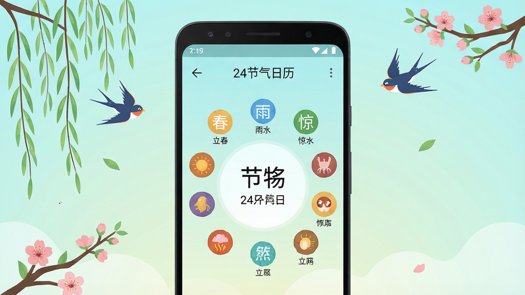 画面中央放置一部安卓手机,手机屏幕上显示“24节气日历”应用界面,界面中央是当日节气名称与日期,周围环绕立春、雨水、惊蛰等节气小图标;背景为淡青色渐变,点缀柳枝、燕子、桃花等春季元素;整体采用扁平化插画风格,色彩清新柔和,排版居中对齐;画质清晰,画面干净,无多余元素