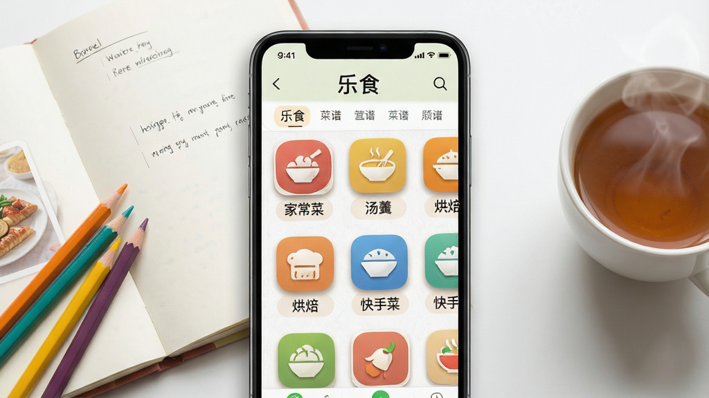 一张展示“乐食”菜谱分类页面的写实风格图片,画面主体为一部横屏放置的智能手机,屏幕内呈现乐食APP的菜谱分类网格,包含“家常菜”“汤羹”“烘焙”“快手菜”等彩色图标与文字标签,手机左侧放置一本翻开的食谱笔记本和几支彩色铅笔,右侧有一杯冒着热气的茶,布局采用三分法构图,排版整齐有序,风格为清新生活记录,细节包括图标阴影、纸张纹理、茶水蒸汽,画质高清,干净,无多余元素