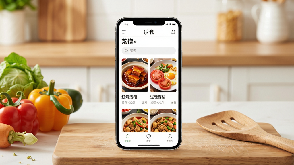 一张展示“乐食”手机应用界面的写实风格图片,画面中央是一部竖屏智能手机,屏幕内显示乐食APP的菜谱推荐首页,有红烧肉、番茄炒蛋等菜品卡片和搜索栏,手机周围摆放着新鲜蔬菜、砧板与木质锅铲,背景为明亮温馨的厨房台面,布局采用中心构图,排版简洁干净,风格为现代生活摄影,细节包括食材纹理、手机屏幕反光、木质纹理,画质高清,干净,无多余元素