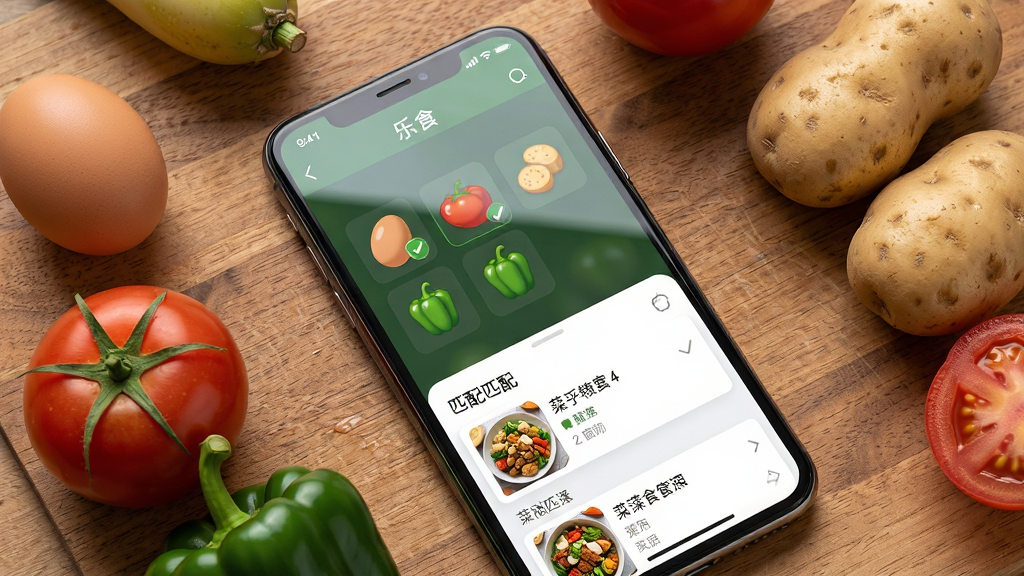 一张展示“乐食”智能食材匹配功能的写实风格图片,画面主体为一部平放的智能手机,屏幕内显示乐食APP的食材选择界面,有鸡蛋、番茄、土豆、青椒等食材图标被勾选,下方弹出匹配到的菜谱列表,手机周围散落着对应的真实食材,布局采用俯拍构图,排版清晰直观,风格为静物美食摄影,细节包括食材新鲜质感、屏幕反光、木质桌面纹理,画质高清,干净,无多余元素