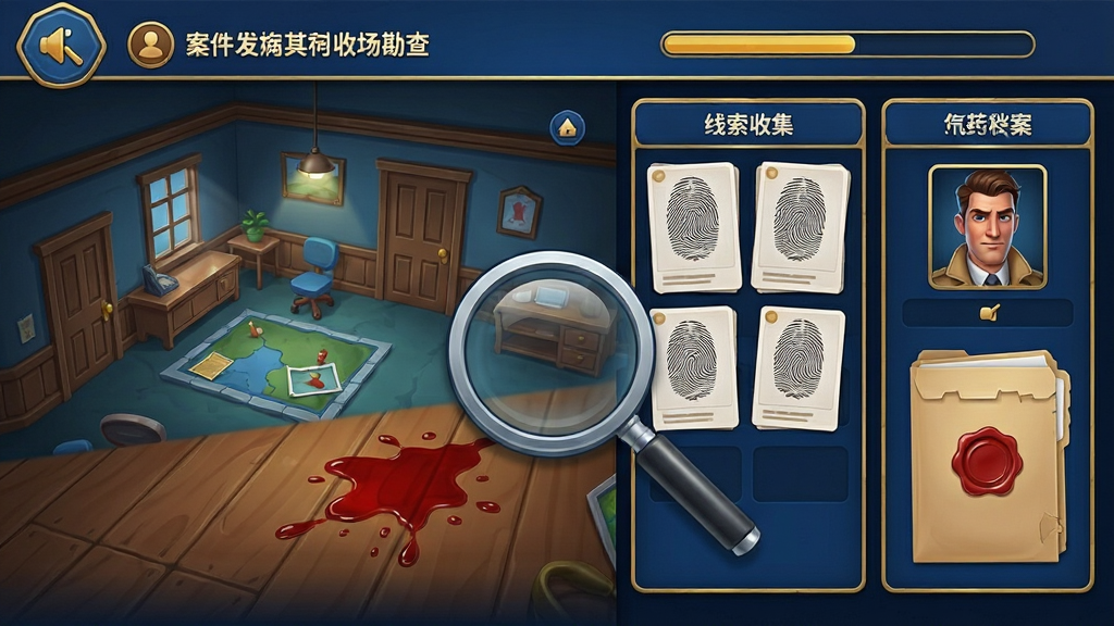 游戏功能界面展示图,画面主体是侦探冒险游戏中的案发现场勘查界面,左侧是场景全景,右侧是线索收集栏和人物档案面板,屏幕中央有一个放大镜图标正在聚焦地板上的血迹。布局采用手机横屏比例,上方显示案件名称和进度条。排版清晰,界面UI为深蓝色调搭配金色边框。风格为写实卡通,细节包括线索卡片上的指纹图案、档案袋的红色封蜡。画质高清,画面干净,无多余元素。