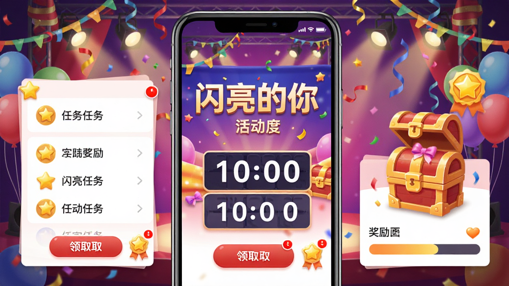 一幅以“闪亮的你”活动页面为主题的手机界面图,画面中央展示活动横幅与倒计时牌,周围有任务列表、奖励宝箱与进度条,背景为节日庆典风格,有彩带、气球与舞台灯光,布局为竖屏手机比例,风格热闹欢快,细节包含红点提示、领取按钮与星星徽章,画质高清,干净,无多余元素