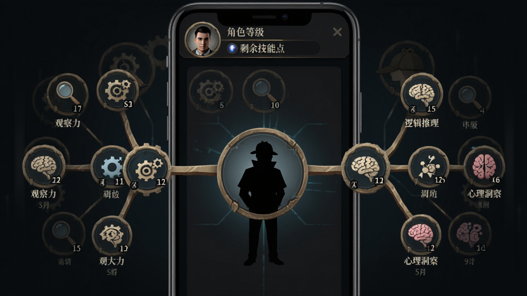 侦探冒险游戏角色技能树界面,画面主体是手机屏幕上的技能树面板,中央是侦探剪影,周围延伸出三条分支:观察力、逻辑推理、心理洞察,每个分支上有若干技能图标和等级数字。布局采用竖屏比例,技能图标为圆形徽章样式。排版上方显示角色等级和剩余技能点。风格为深色科技感与复古侦探元素结合,细节包括放大镜、齿轮、大脑等图标。画质高清,画面干净,无多余元素。