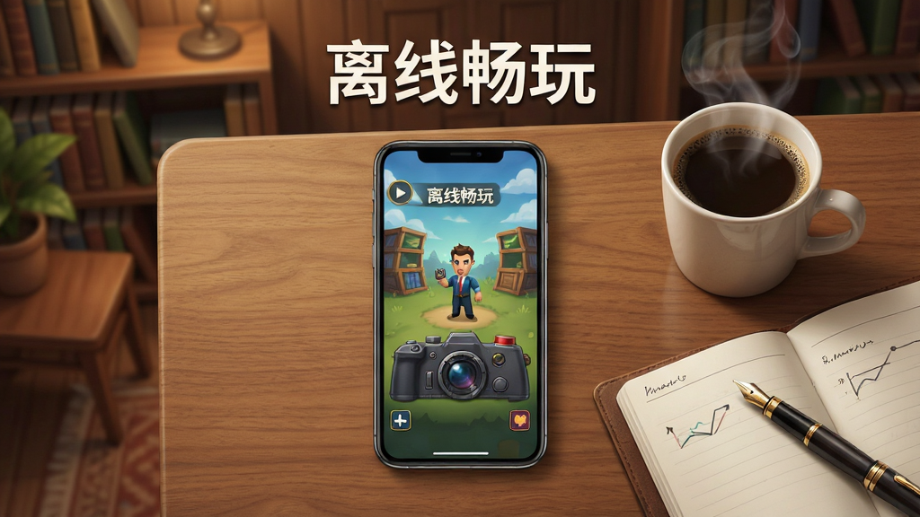 侦探冒险游戏离线模式宣传图,画面主体是一部手机放在木质桌面上,屏幕显示游戏主界面,旁边有一杯冒着热气的咖啡和一本翻开的笔记本,背景是温馨的书房一角。布局采用俯视角度,手机位于画面中央。排版简洁,手机屏幕上方显示“离线畅玩”字样。风格为生活写实与游戏UI结合,细节包括咖啡杯的热气、笔记本上的钢笔。画质高清,画面干净,无多余元素。