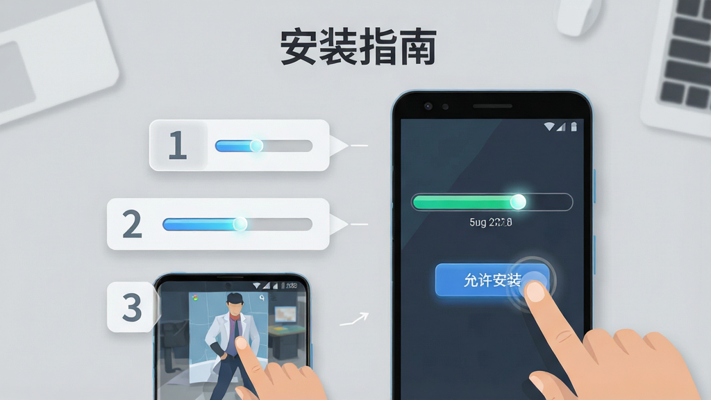 侦探冒险游戏安装教程示意图,画面主体是一部安卓手机屏幕显示安装进度条,旁边有手指点击“允许安装”按钮的动作特写,背景是简洁的灰色桌面。布局采用竖屏手机比例,手机位于画面中央偏右,左侧有步骤编号1、2、3的浮层标注。排版清晰,上方有“安装指南”标题。风格为扁平化科技风,细节包括进度条的高光、按钮的按压反馈效果。画质高清,画面干净,无多余元素。
